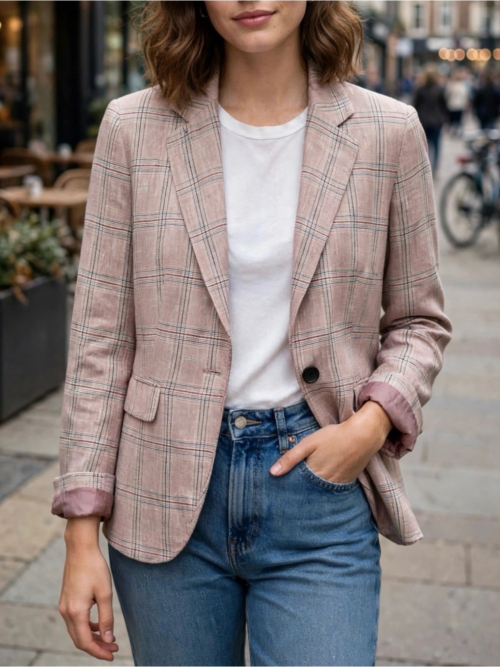 Women’s Pink Plaid Single-Button Blazer Size 6 Linen Blend